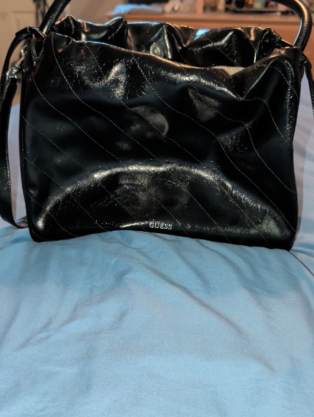 GUESS Black Quilted Patent Shoulder Bag